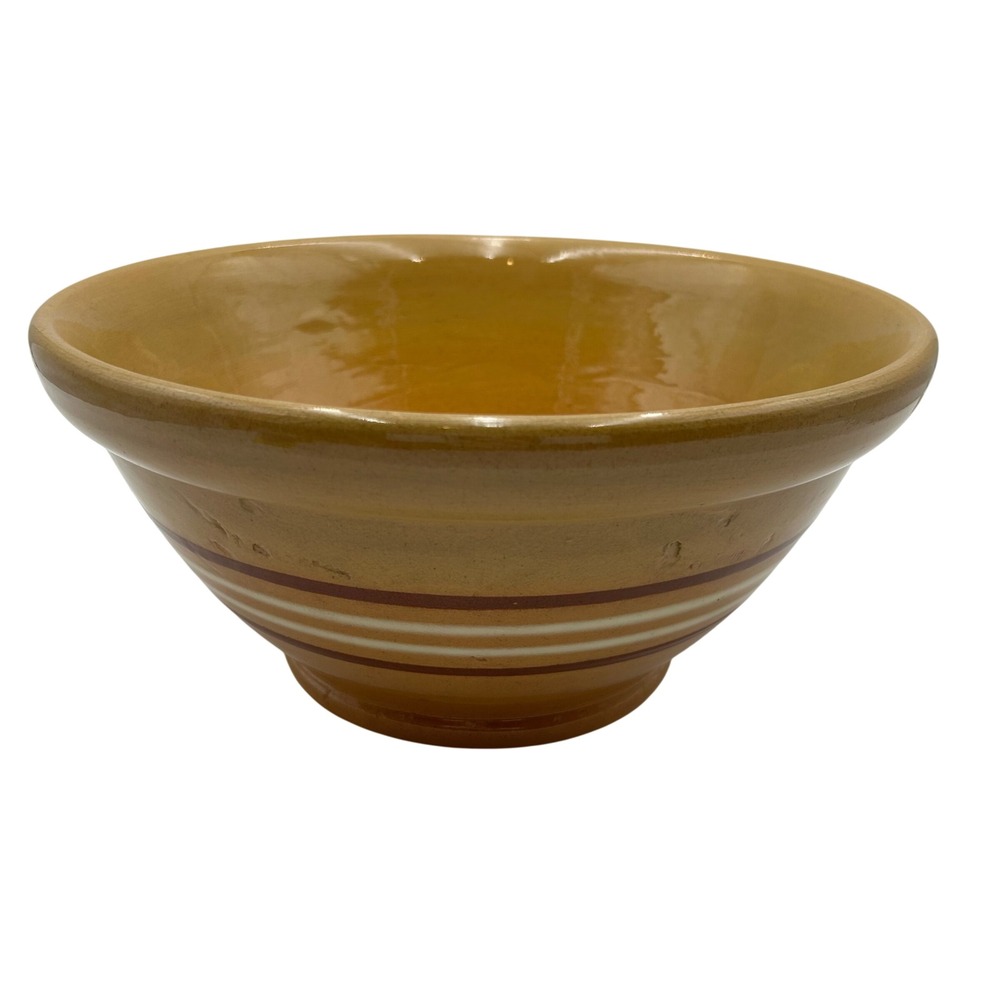 Vintage Antique Yellowware Mixing Bread Bowl Brown White Stripes Stoneware
